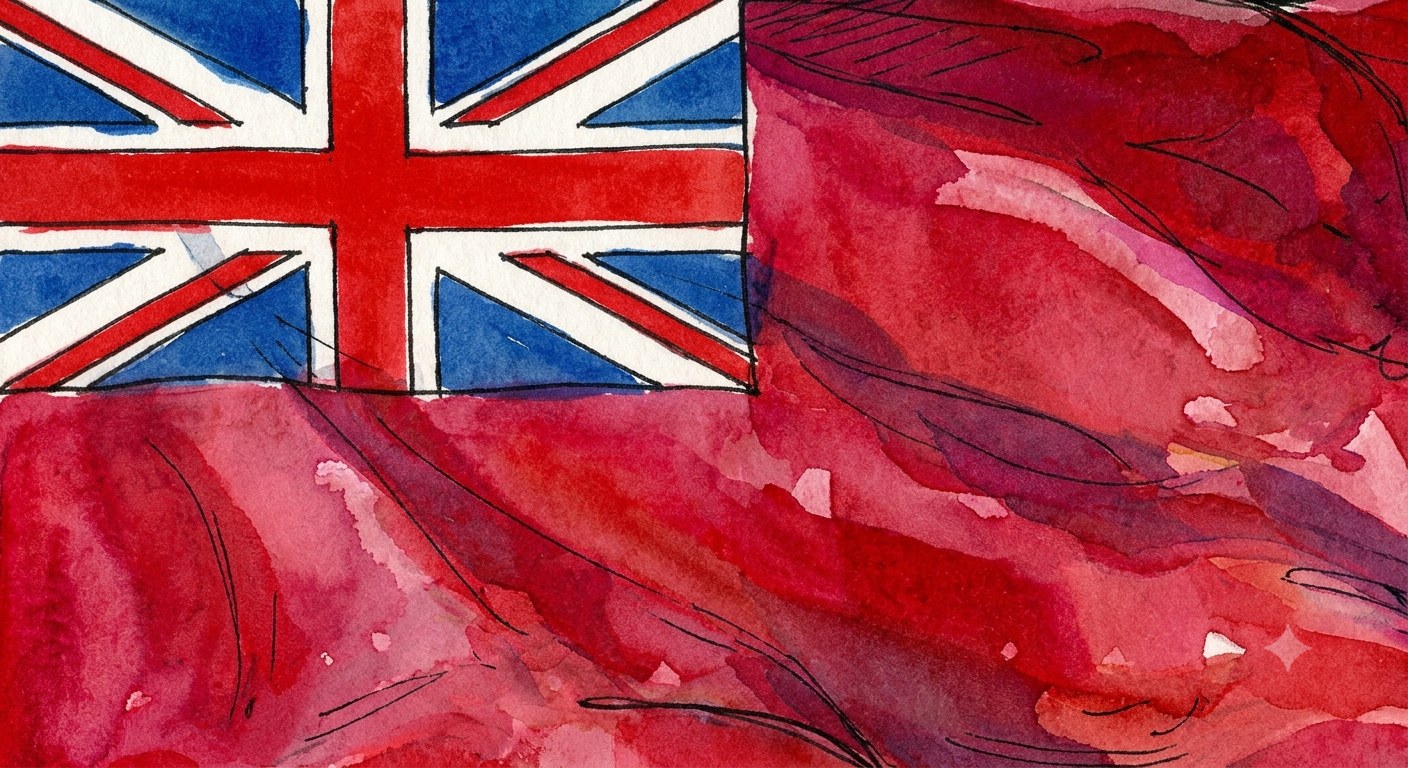 Watercolor of the Red Ensign, nicknamed the Duster — Canada's merchant flag, a red field with the Union Jack in the canton, flown for commerce rather than conquest